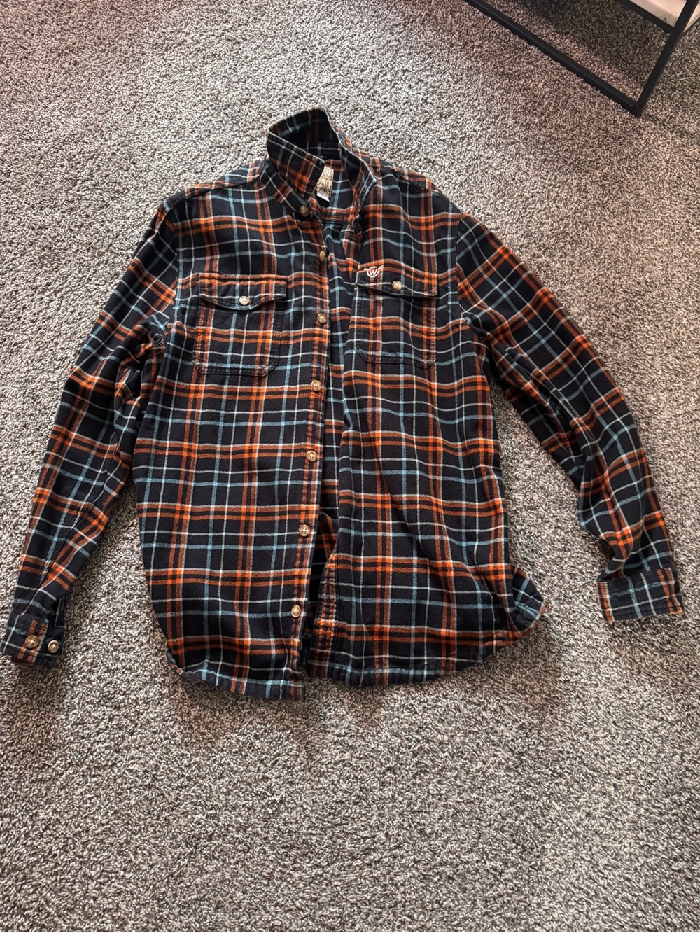 Moosejaw navy blue, Orange & Light Blue Plaid Button-Down Shirt